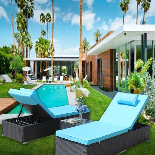 Unbranded 3-Piece Dark Gray Rattan Wicker Steel Outdoor Chaise Lounge with Blue Cushions, Glass Coffee Table