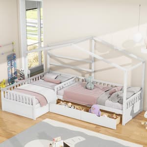 L-Shaped White Wood Frame Twin Size Double House Platform Beds with 3-Storage Drawers