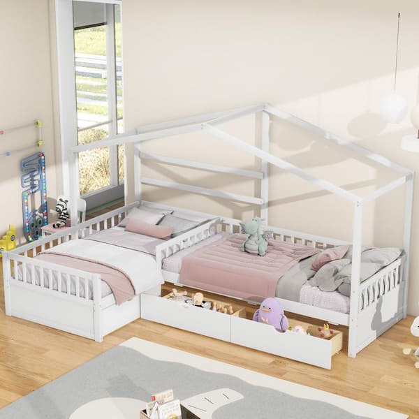 Harper & Bright Designs L-Shaped White Wood Frame Twin Size Double House Platform Beds with 3-Storage Drawers