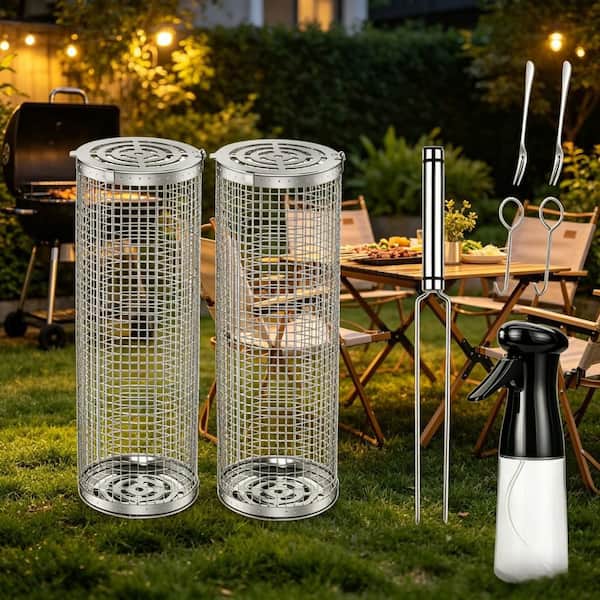 Stainless Steel Rolling Grilling Basket Set with Oil Sprayer for Grilling Vegetables, Fish, Meat and Camping (8-Pack)