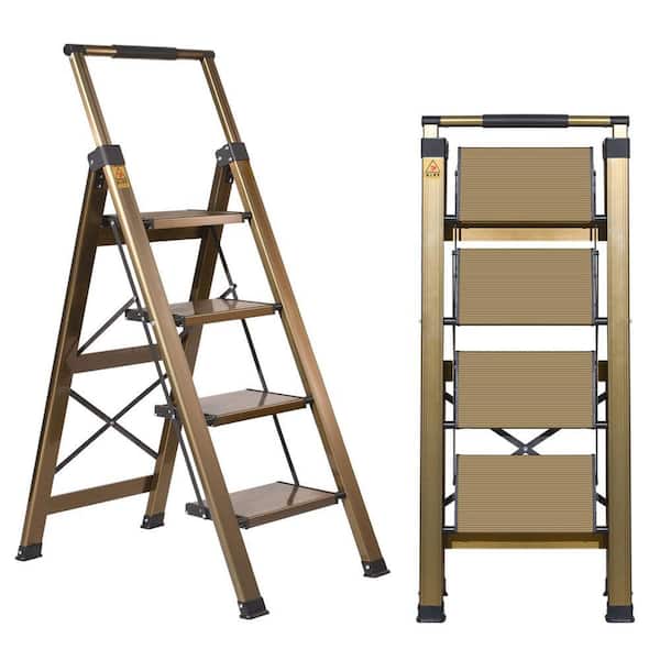 4.2 ft. Aluminum Brown Gold 4 Step Stool with Retractable Handrail, 330 lb. Folding Stool Ladders for Garage Library