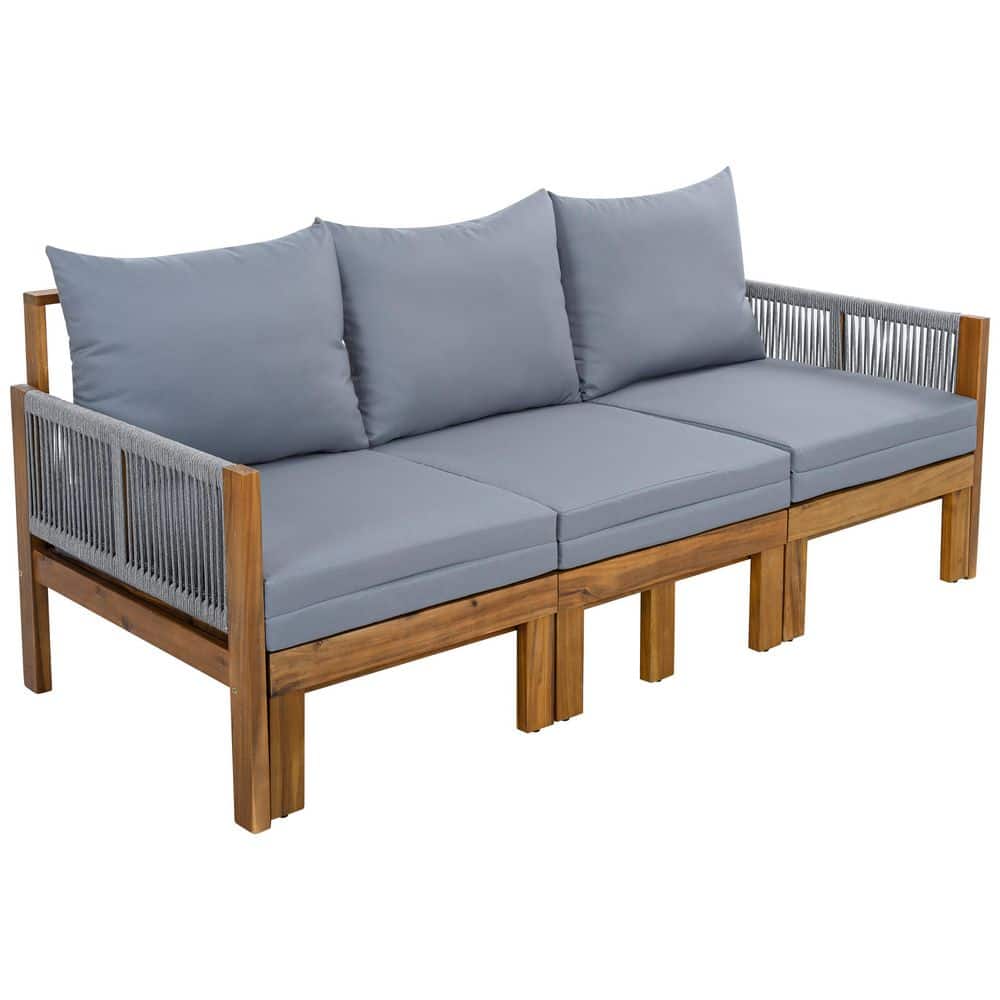 Premium Acacia Wood Frame Outdoor Day Bed Convertible 3 Seat Patio Sofa with Gray Cushions price history on PriceWatchPro