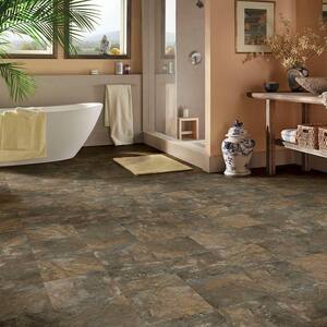 Dark Grey Slate 3 MIL x 12 in. W x 12 in. L Peel and Stick Water Resistant Vinyl Tile Flooring (30 sqft/case)