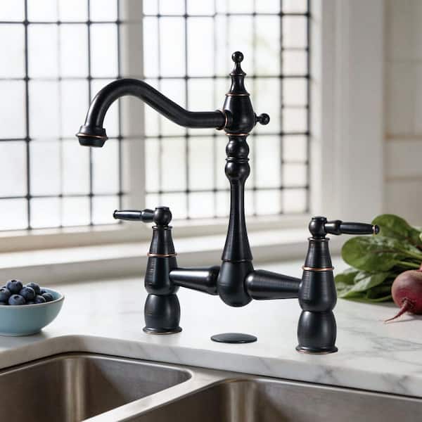 Double-Handle Bridge Kitchen Faucet Deck-Mount, 2 Hole Brass Kitchen Sink Faucet in Oil Rubbed Bronze