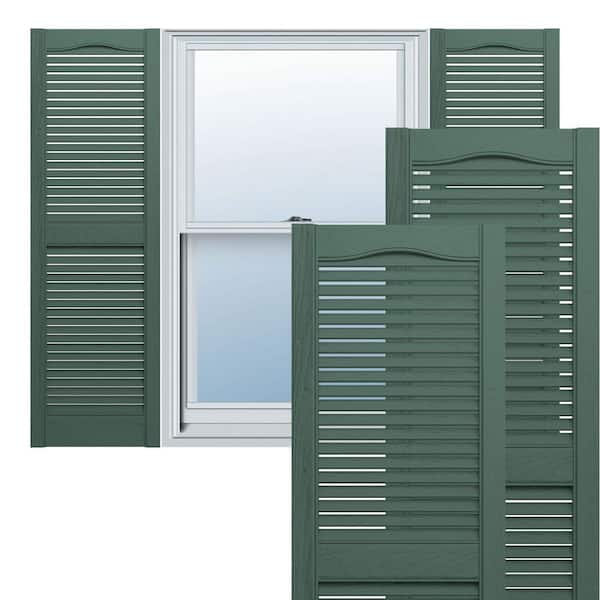 Ekena Millwork 14-1/2 in. x 66 in. Lifetime Vinyl Custom Cathedral Top Center Mullion Open Louvered Shutters Pair Forest Green