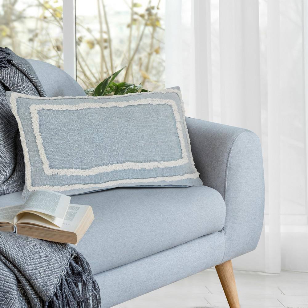 Modern Sky Blue and White Tufted Rectangular Throw Pillow, 16" x 24"