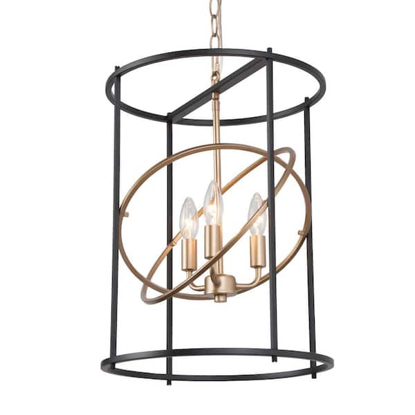 LNC Harry Black Linear Drum Gold Sputnik Chandelier Industrial 4-Light Metal Cylinder Cage Pendant Light for Foyer Kitchen