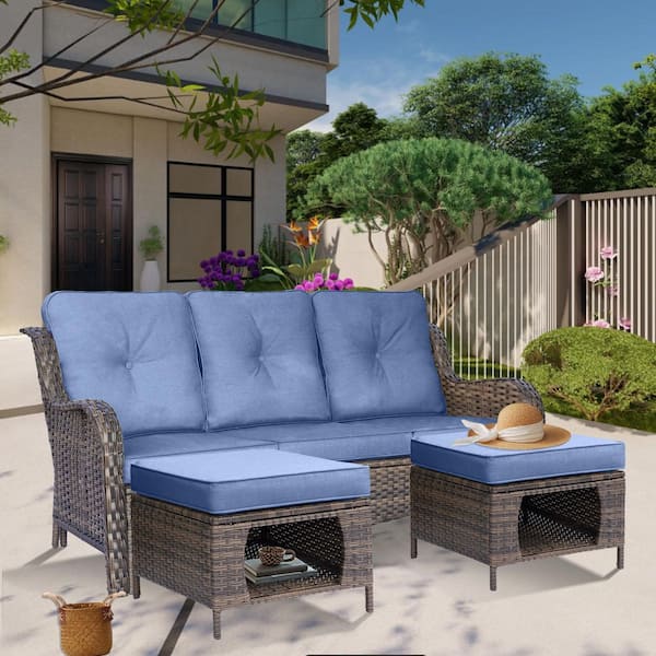 Brown 3-Piece Wicker Patio Conversation Seating Sofa Set Outdoor Couch Ottoman with Denim Blue Cushions