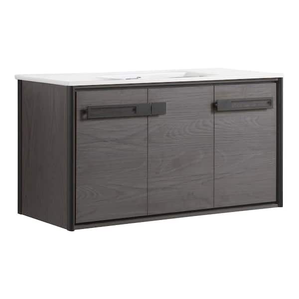 FINE FIXTURES Oakville 42 in. W x 18 in. D x 23.25 in. H Wall Mounted Bathroom Vanity in Gray with White Ceramic Sink Top