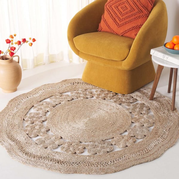 Natural Fiber Beige Doormat 3 ft. x 3 ft. Woven Ornate Round Area Rug