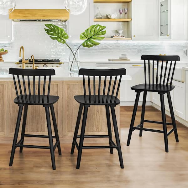 Windsor 24 in. Black Solid Wooden Bar Stool for Kitchen Island Counter Height Stool with Spindle Back Set of 3