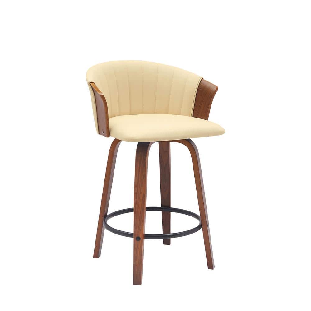 Diana 26" Cream Faux Leather Swivel Walnut Wood Counter Stool