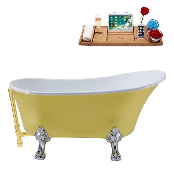 Streamline 55 in. Acrylic Clawfoot Non-Whirlpool Bathtub in Matte Yellow With Polished Chrome Clawfeet And Brushed Gold Drain