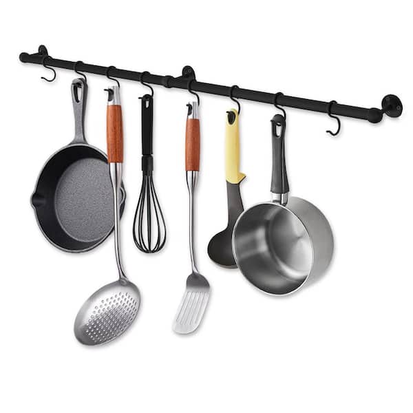 39.4 in. Matte Black Stainless Steel Wall Mounted Hanging Pot Rack with Hooks for Kitchen Utensil Cookware Organization