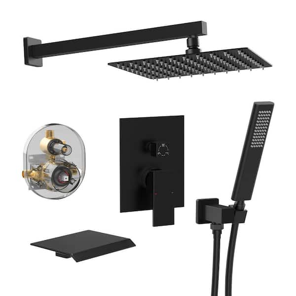 Rain Single Handle 1-Spray 10 in. Tub Shower Faucet 1.8 GPM with Pressure Balance in. Matte Black (Valve Included)