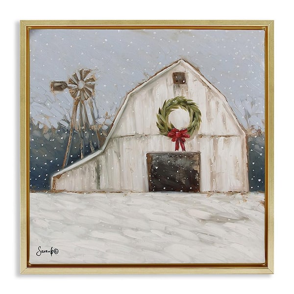Stupell Industries Winter Barn with Snowflakes by Sara G. Designs 1-Piece Floater Frame Graphic Print Nature Art Print 25 in. x 25 in.