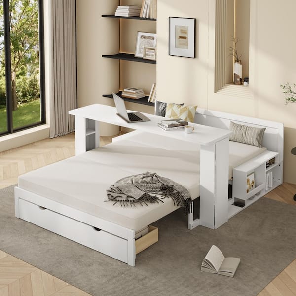 White Full Size Daybed Convertible Platform bed with Removable Desk, Storage Drawer, Hydraulic Side Table