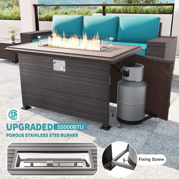 7-Piece Wicker Patio Conversation Set with 55000 BTU Gas Fire Pit Table and Glass Coffee Table and Blue Cushions