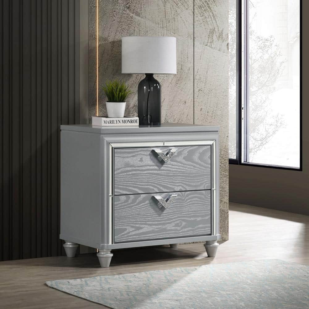 Glam Silver 2-Drawer Nightstand with Jeweled Pulls
