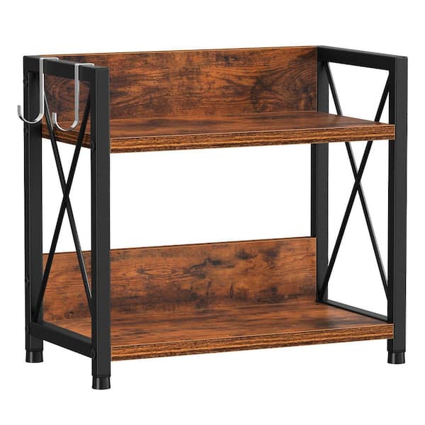 2 Tier Rustic Brown Countertop Organizer with Hooks Space Saving Kitchen Spice Rack Shelf Wooden Design