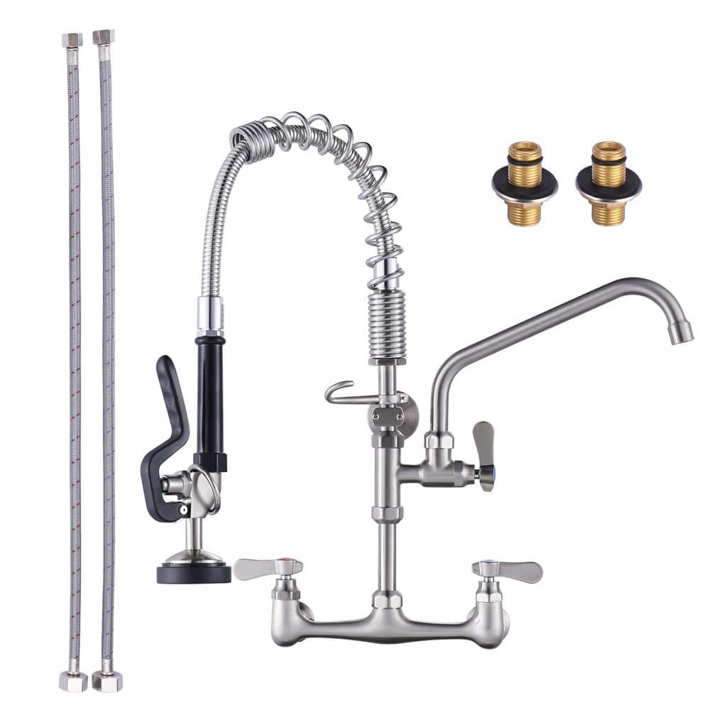 Brushed Nickel 21" Wall Mount Commercial Kitchen Faucet with Pull-out Spray