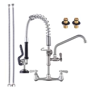 21 in. Wall Mount Triple Handles Commercial Pull Down Sprayer Kitchen Faucet with Pre-Rinse Sprayer in Brushed Nickel