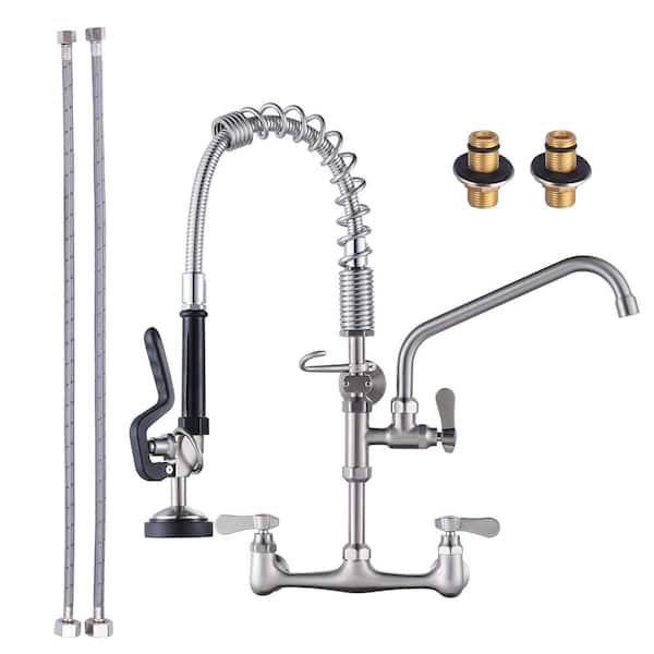 ARCORA 21 in. Wall Mount Triple Handles Commercial Pull Down Sprayer Kitchen Faucet with Pre-Rinse Sprayer in Brushed Nickel