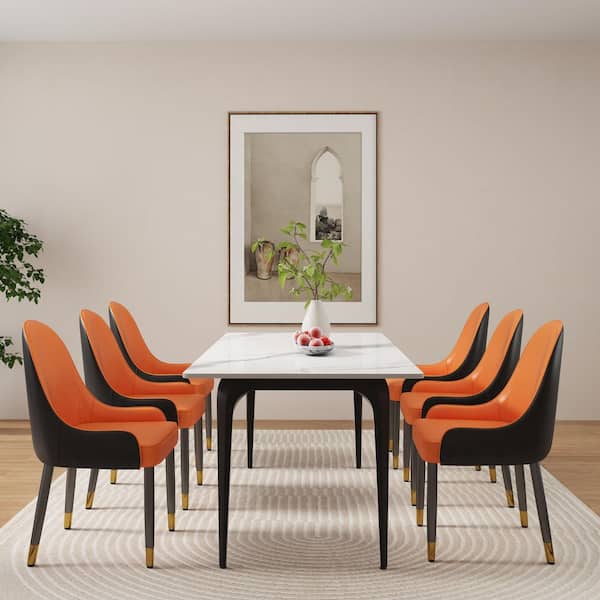 Set of 6 Ergonomic PU Leather Dining Chair Morden Desk Chair with Solid Wood Metal Legs and Backrest, Orange