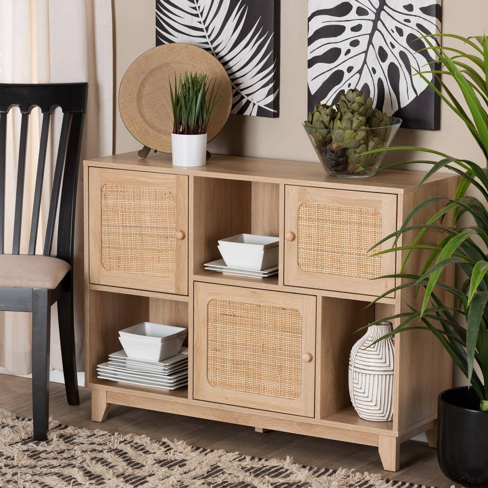 Elsbeth Light Brown Wood and Rattan 3-Door Sideboard