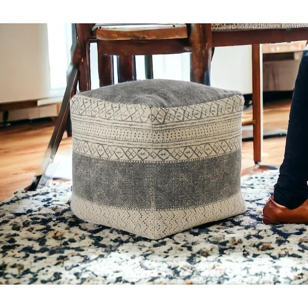 Ivory and Gray Cotton Specialty Cube Ottoman