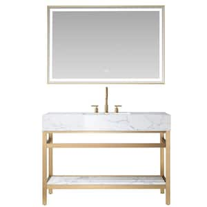 Ecija 48 in.W x 22 in.D x 33.9 in.H Single Sink Bath Vanity in Brushed Gold with White Stone Top and Mirror