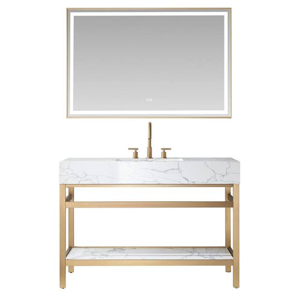 ROSWELL Ecija 48 in.W x 22 in.D x 33.9 in.H Single Sink Bath Vanity in Brushed Gold with White Stone Top and Mirror