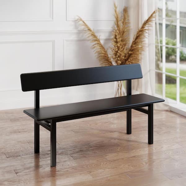 55.1 in. Black Farmhouse Solid Wood Dining Bench with Back, Long Wooden Dining Table Bench