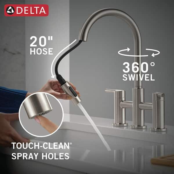 Delta Nicoli Double Handle Bridge Kitchen Faucet in Stainless