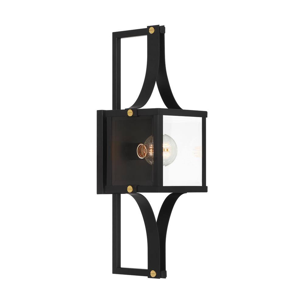 Matte Black and Brass Outdoor Wall Sconce with Glass Shade