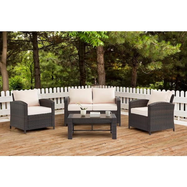 EDYO LIVING 4-Piece Wicker Patio Conversation Set with Beige Cushions