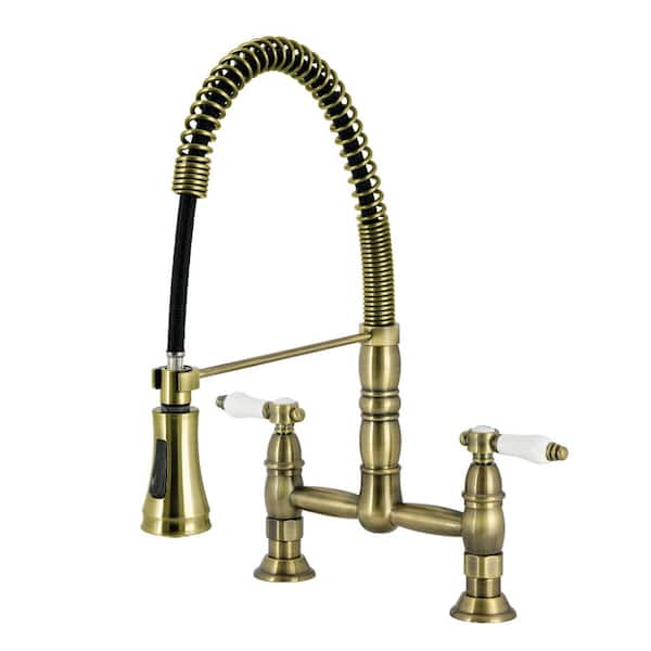 Bel-Air Antique Brass 18.75 in. H Pull Down Sprayer Kitchen Faucet with Full Swivel