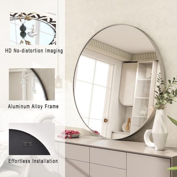 Silver 24 in. W x 24 in. H Round Aluminum Alloy Framed Wall Mirror