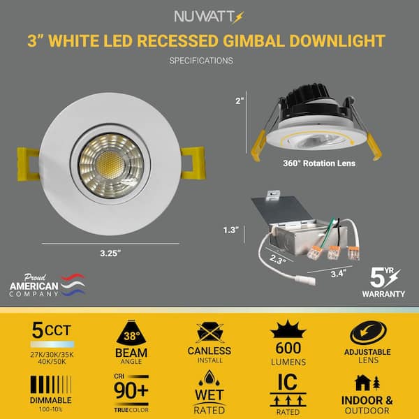 3 in. Canless White Round Gimbal Integrated LED Recessed Light Kit 5 CCT 2700K - 5000K New Construction (16-Pack)