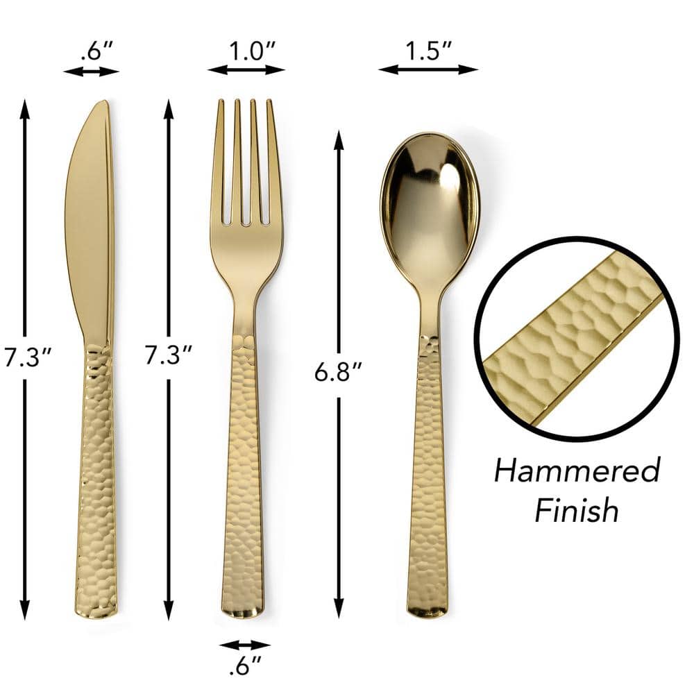 Perfect Settings Tableware 150 Pieces Gold Plastic Disposable Cutlery Set - Metallic Plastic Silverware With A Hammered Finish-50 Sets (Set of 150)