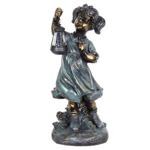Solar Lantern Girl in Bronze Look Garden Statue