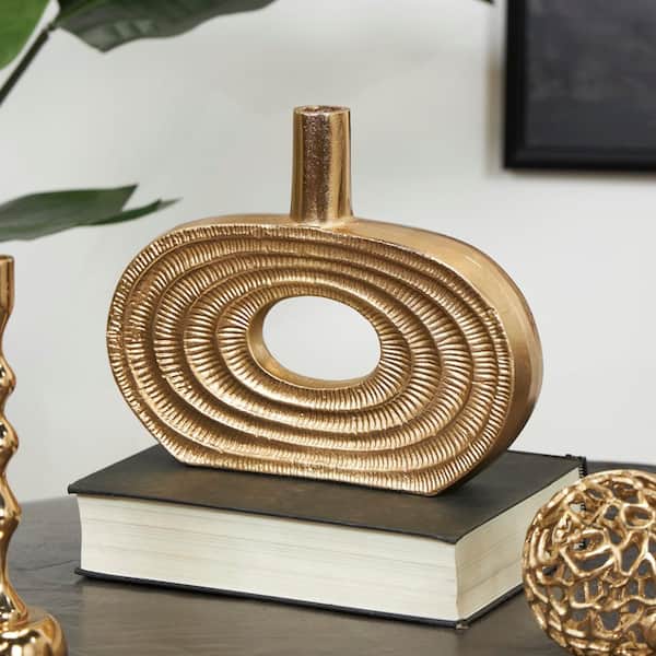 Litton Lane 10 in. Gold Circular Aluminum Metal Geometric Decorative Vase with Linear Etchings