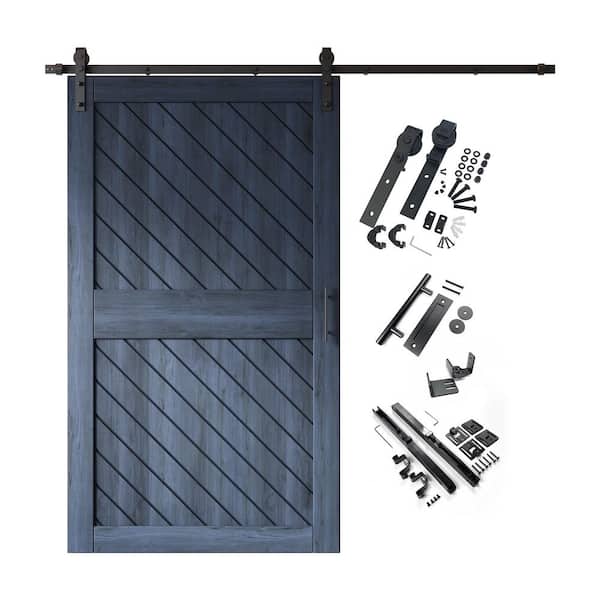 XT2 48 in. x 84 in. C-Panel Navy Slanted Stripe Design Solid Pine Wood Sliding Barn Door with Hardware Kit