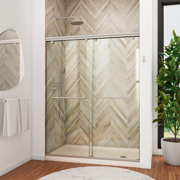 DreamLine Charisma 34 in. x 60 in. x 78.75 in. Semi-Frameless Sliding Shower Door in Brushed Nickel with Right Drain Shower Base