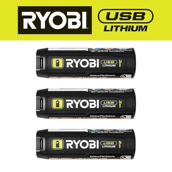 RYOBI USB Lithium 3.0 Ah Lithium-ion Rechargeable Battery (2-Pack) with USB Lithium 2.0 Ah Lithium Rechargeable Battery