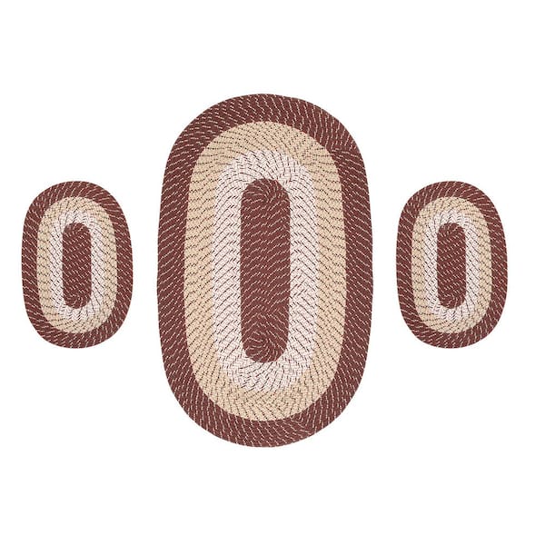 Country Braid Collection 3-Piece Brown Stripe 100% Polypropylene Reversible Area Rug Set - (20"x30"/36"x60"/20"x30")
