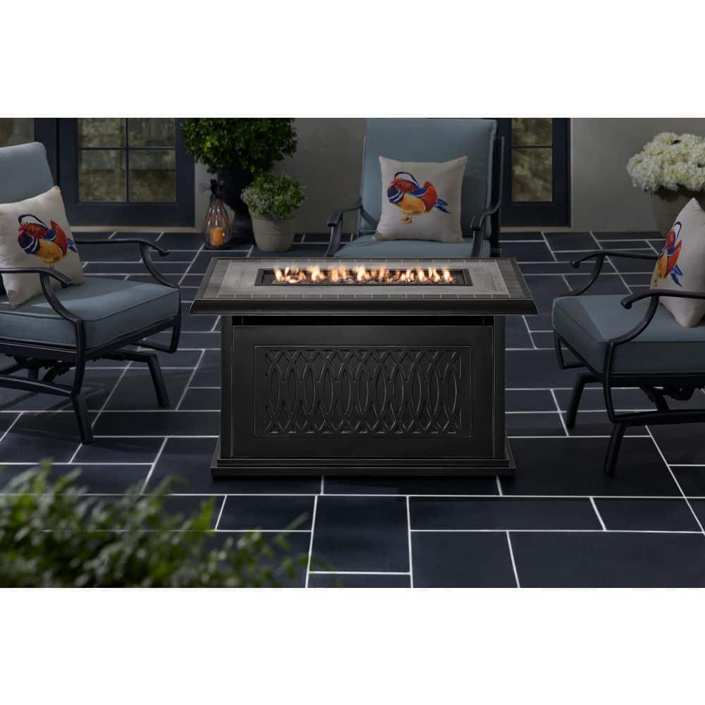 Black Gold Cast Aluminum and Porcelain Tile Top 48 in. D LP Fire Pit Coffee  Table