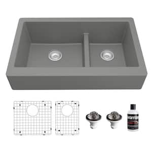 QAR-760 Quartz/Granite 34 in. Double Bowl 60/40 Retrofit Farmhouse/Apron Front Kitchen Sink in Grey w/ Grid and Strainer