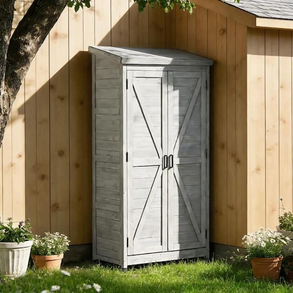 33.5 in. W x 18.5 in. D x 68.5 in. H Gray Solid Wood Outdoor Storage Cabinet with Shelves