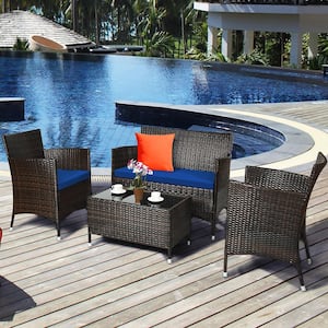 8-Piece Rattan Wicker Patio Conversation Set Cushioned Sofa Chair Coffee Table with Navy Cushions